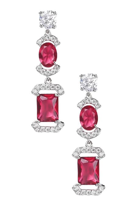 Shop Minaki Silver Plated Zari Tiered Geometric Danglers at Aza Fashions Shop_Minaki_Silver Plated Zari Tiered Geometric Danglers _at_Aza_Fashions