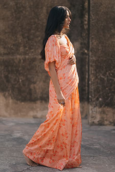 Shop Baaro Masi Peach Cotton, Muslin Embroidery Floral Print Pre-draped Saree With Blouse Online at Aza Fashions Shop_Baaro Masi_Peach Cotton, Muslin Embroidery Floral Print Pre-draped Saree With Blouse _Online_at_Aza_Fashions