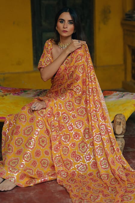 Baaro Masi_Yellow Cotton, Chiffon Sequins Flower Print Pre-draped Saree With Blouse _Online_at_Aza_Fashions
