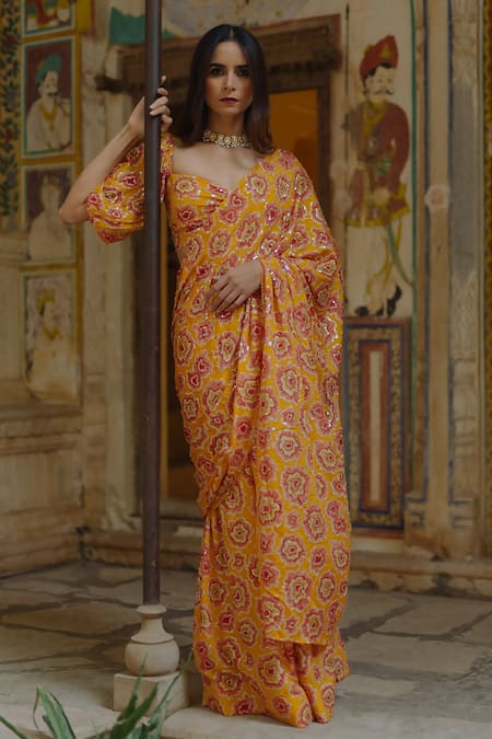 Buy_Baaro Masi_Yellow Cotton, Chiffon Sequins Flower Print Pre-draped Saree With Blouse _Online_at_Aza_Fashions