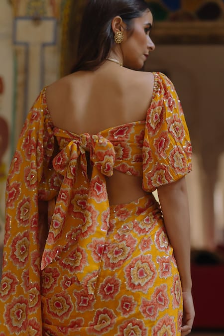Shop_Baaro Masi_Yellow Cotton, Chiffon Sequins Flower Print Pre-draped Saree With Blouse _Online_at_Aza_Fashions