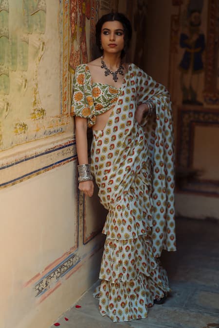Baaro Masi Yellow Muslin Embroidery Flower Bloom Print Pre-draped Saree With Blouse Online at Aza Fashions Baaro Masi_Yellow Muslin Embroidery Flower Bloom Print Pre-draped Saree With Blouse _Online_at_Aza_Fashions