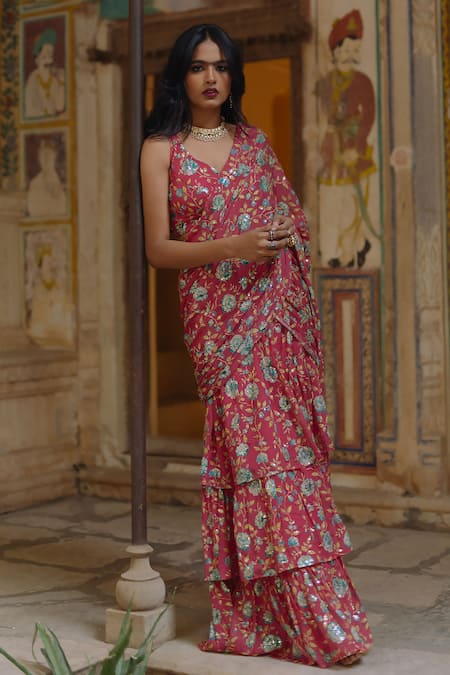 Baaro Masi Pink Cotton, Chiffon Embroidery Bloom Print Pre-draped Saree With Blouse Online at Aza Fashions Baaro Masi_Pink Cotton, Chiffon Embroidery Bloom Print Pre-draped Saree With Blouse _Online_at_Aza_Fashions