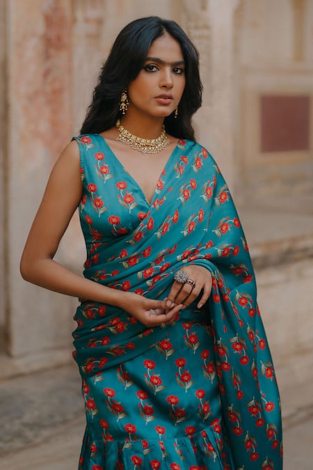 Baaro Masi Blue Cotton, Muslin V-neck Rose Print Pre-draped Saree With Blouse Online at Aza Fashions Baaro Masi_Blue Cotton, Muslin V-neck Rose Print Pre-draped Saree With Blouse _Online_at_Aza_Fashions