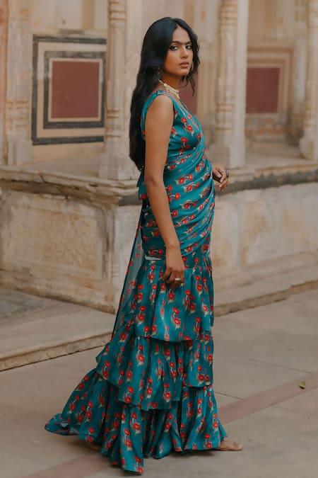 Buy Baaro Masi Blue Cotton, Muslin V-neck Rose Print Pre-draped Saree With Blouse Online at Aza Fashions Buy_Baaro Masi_Blue Cotton, Muslin V-neck Rose Print Pre-draped Saree With Blouse _Online_at_Aza_Fashions