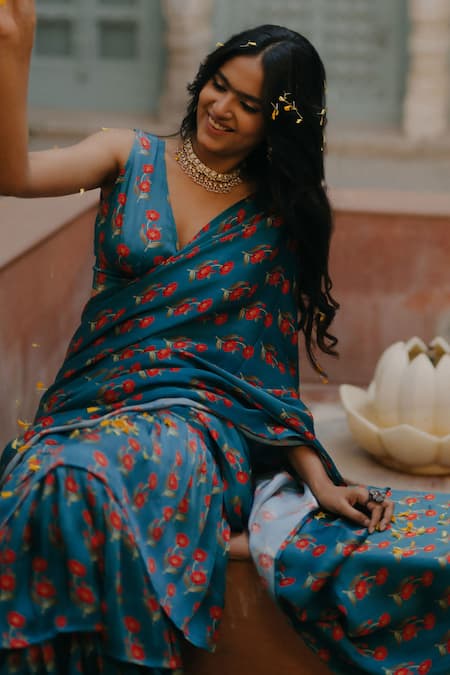 Shop Baaro Masi Blue Cotton, Muslin V-neck Rose Print Pre-draped Saree With Blouse Online at Aza Fashions Shop_Baaro Masi_Blue Cotton, Muslin V-neck Rose Print Pre-draped Saree With Blouse _Online_at_Aza_Fashions