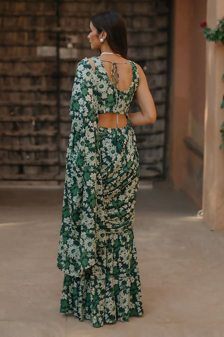 Shop_BAARO MASI_Green Modal, Cotton Sweetheart Neck Botanical Print Pre-draped Saree Set _at_Aza_Fashions