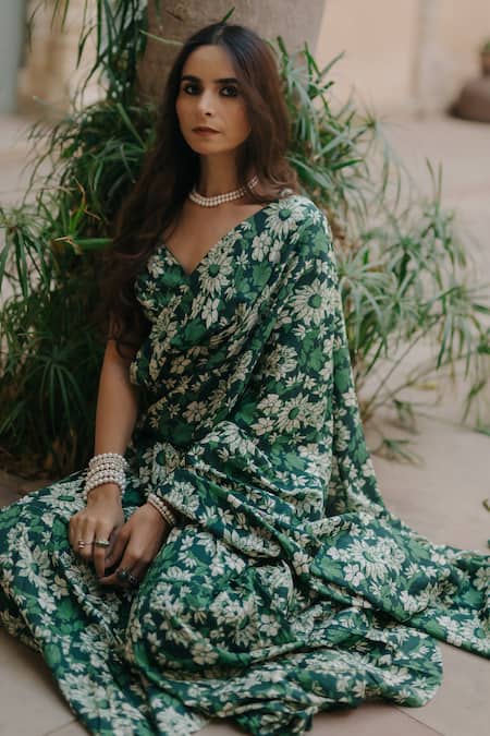 Shop_BAARO MASI_Green Modal, Cotton Sweetheart Neck Botanical Print Pre-draped Saree Set _Online_at_Aza_Fashions