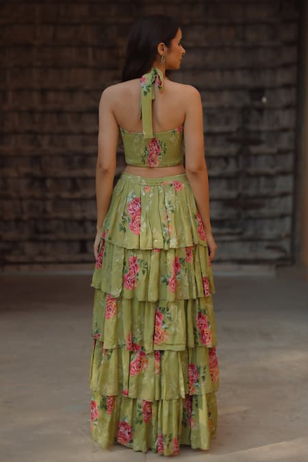 Shop_Baaro Masi_Green Cotton, Organza, Velvet Embroidery Halter Floral Print Tiered Skirt Set _at_Aza_Fashions
