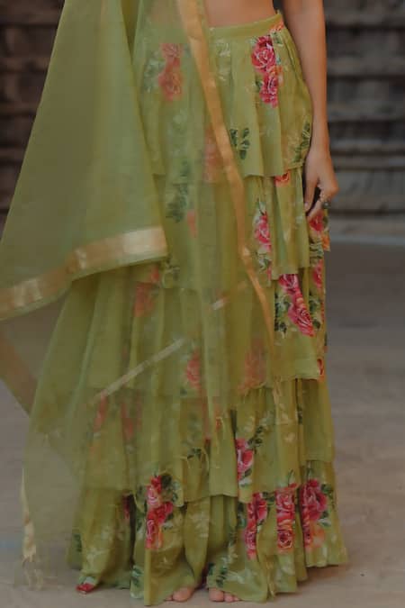 Baaro Masi_Green Cotton, Organza, Velvet Embroidery Halter Floral Print Tiered Skirt Set _Online_at_Aza_Fashions