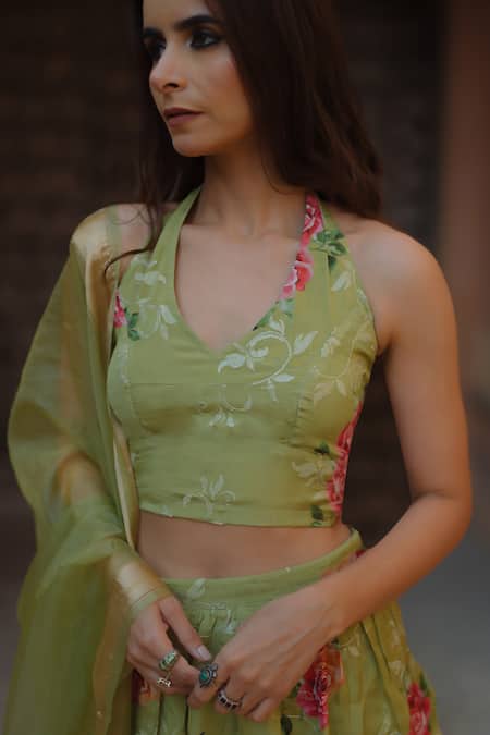 Buy_Baaro Masi_Green Cotton, Organza, Velvet Embroidery Halter Floral Print Tiered Skirt Set _Online_at_Aza_Fashions