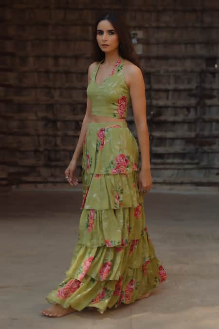 Shop_Baaro Masi_Green Cotton, Organza, Velvet Embroidery Halter Floral Print Tiered Skirt Set _Online_at_Aza_Fashions