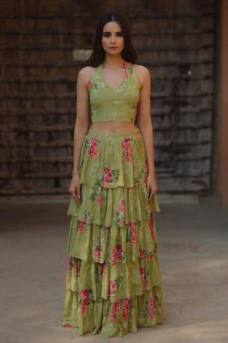 Baaro Masi_Green Cotton, Organza, Velvet Embroidery Halter Floral Print Tiered Skirt Set _at_Aza_Fashions
