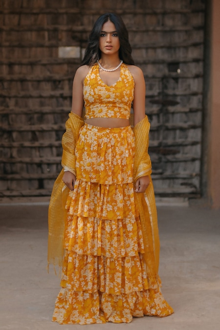 Baaro Masi Yellow Cotton, Velvet, Organza Tassels Halter Neck Bloom Print Skirt Set 