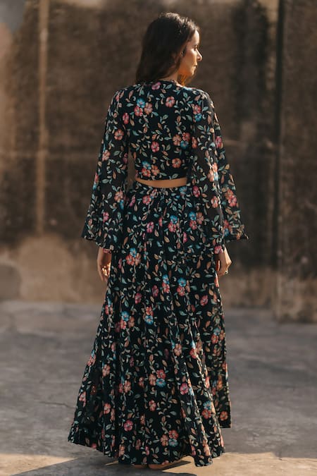 Baaro Masi Black Bouquet Print Lehenga Set 