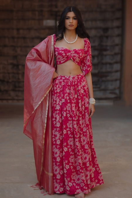 Buy_Baaro Masi_Pink Cotton, Organza, Modal Embroidery, Tassels Floral Print Lehenga Set _at_Aza_Fashions
