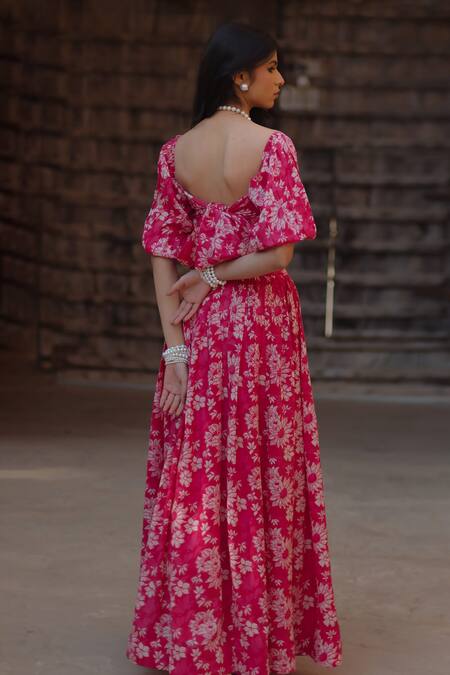 Shop_Baaro Masi_Pink Cotton, Organza, Modal Embroidery, Tassels Floral Print Lehenga Set _at_Aza_Fashions