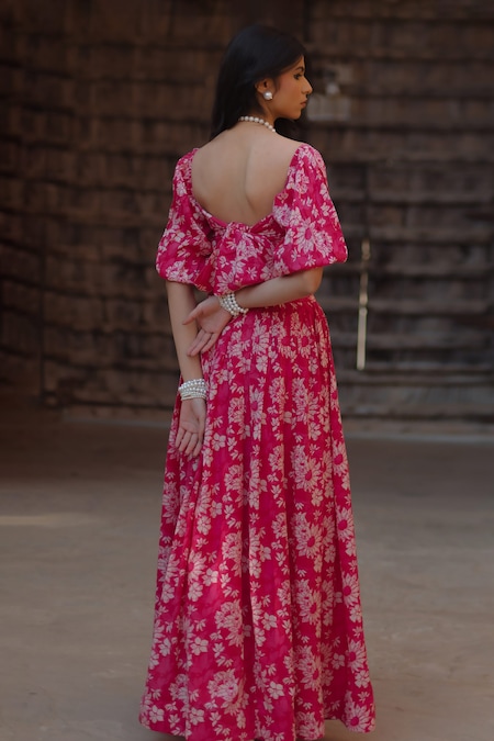 Shop_Baaro Masi_Pink Cotton, Organza, Modal Embroidery, Tassels Floral Print Lehenga Set _at_Aza_Fashions