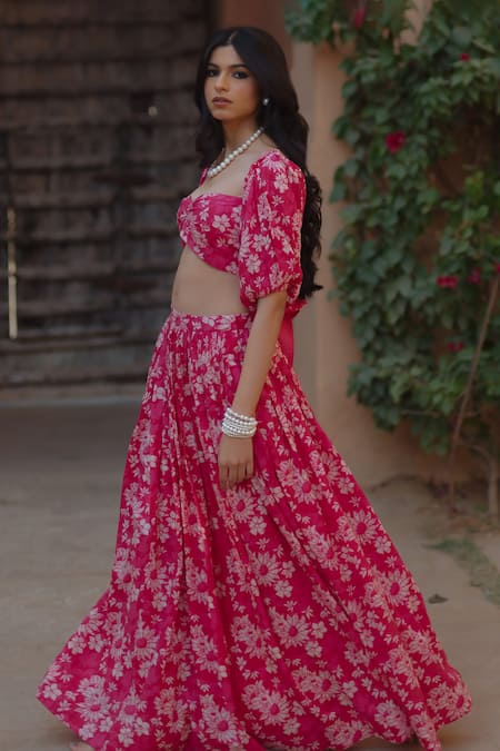 Baaro Masi_Pink Cotton, Organza, Modal Embroidery, Tassels Floral Print Lehenga Set _Online_at_Aza_Fashions