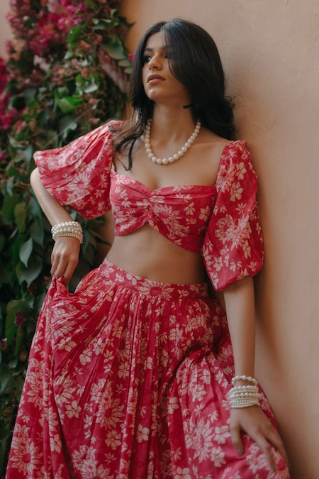 Buy_Baaro Masi_Pink Cotton, Organza, Modal Embroidery, Tassels Floral Print Lehenga Set _Online_at_Aza_Fashions