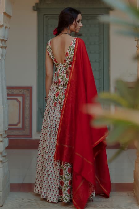 Shop_Baaro Masi_Red Chanderi, Muslin Embroidery, Zari V-neck Printed Lehenga Set _at_Aza_Fashions