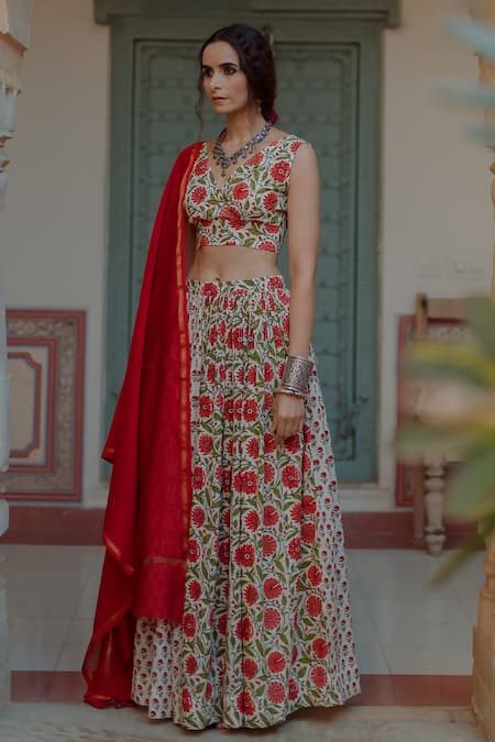 Shop_Baaro Masi_Red Chanderi, Muslin Embroidery, Zari V-neck Printed Lehenga Set _Online_at_Aza_Fashions