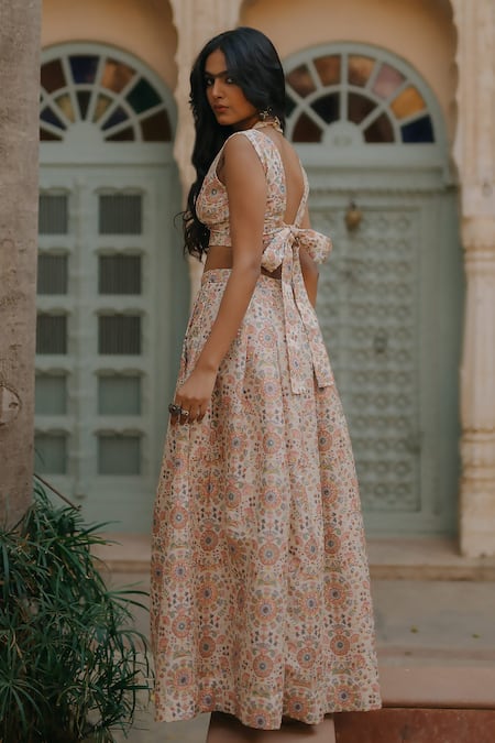 Shop_Baaro Masi_White Cotton, , , Floral Print Lehenga Blouse Set _at_Aza_Fashions