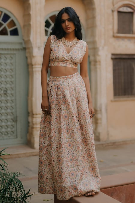 Buy_Baaro Masi_White Cotton, , , Floral Print Lehenga Blouse Set _Online_at_Aza_Fashions