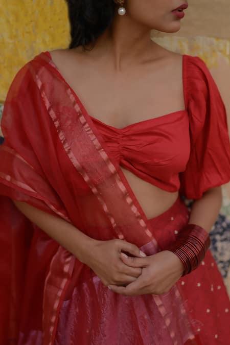 Shop Baaro Masi Red Brocade, Cotton, Organza Embroidery, Tassels Floral Woven Lehenga Set Online at Aza Fashions Shop_Baaro Masi_Red Brocade, Cotton, Organza Embroidery, Tassels Floral Woven Lehenga Set _Online_at_Aza_Fashions