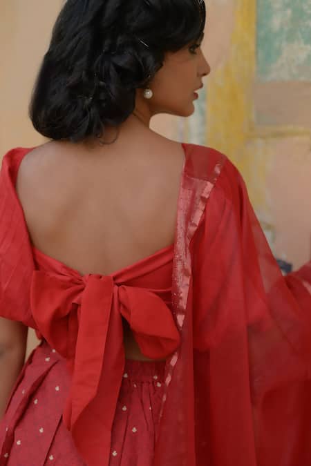 Baaro Masi Red Brocade, Cotton, Organza Embroidery, Tassels Floral Woven Lehenga Set at Aza Fashions Baaro Masi_Red Brocade, Cotton, Organza Embroidery, Tassels Floral Woven Lehenga Set _at_Aza_Fashions