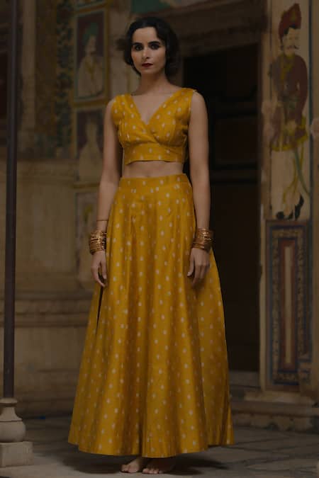 Baaro Masi_Yellow Cotton, Brocade, Organza Embroidery, Zari V-neck Mughal Woven Lehenga Set _Online_at_Aza_Fashions