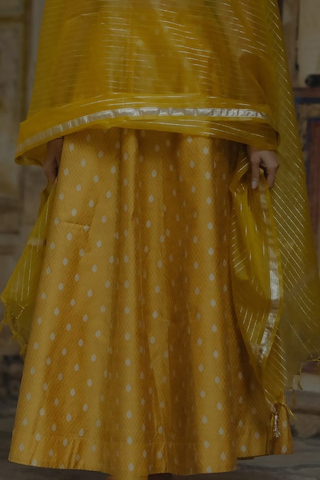 Baaro Masi_Yellow Cotton, Brocade, Organza Embroidery, Zari V-neck Mughal Woven Lehenga Set _at_Aza_Fashions
