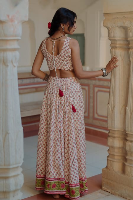 Shop_Baaro Masi_Pink Chanderi, Muslin Tassels, Embroidery Floral Geometric Print Lehenga Set _at_Aza_Fashions
