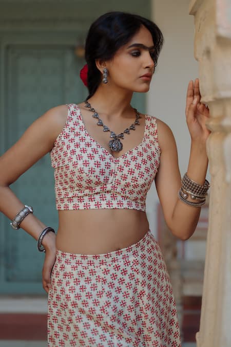 Baaro Masi_Pink Chanderi, Muslin Tassels, Embroidery Floral Geometric Print Lehenga Set _Online_at_Aza_Fashions
