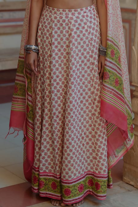 Buy_Baaro Masi_Pink Chanderi, Muslin Tassels, Embroidery Floral Geometric Print Lehenga Set _Online_at_Aza_Fashions