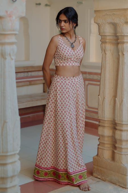 Baaro Masi_Pink Chanderi, Muslin Tassels, Embroidery Floral Geometric Print Lehenga Set _at_Aza_Fashions