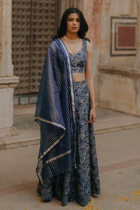 BAARO MASI Floral Embroidered Blue Lehenga Set 