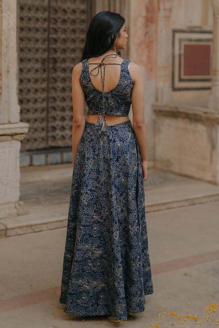 Baaro Masi Floral Embroidered Blue Lehenga Set 