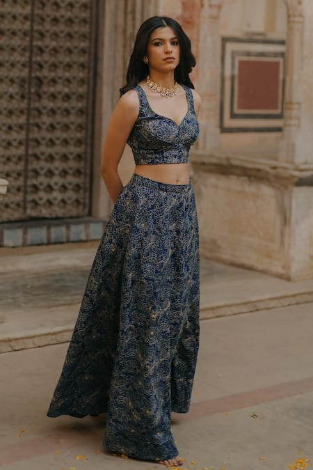 Baaro Masi_Blue Cotton, Organza, Silk Zari, Embroidery Bandeau Neck Floral Lehenga Set _Online_at_Aza_Fashions
