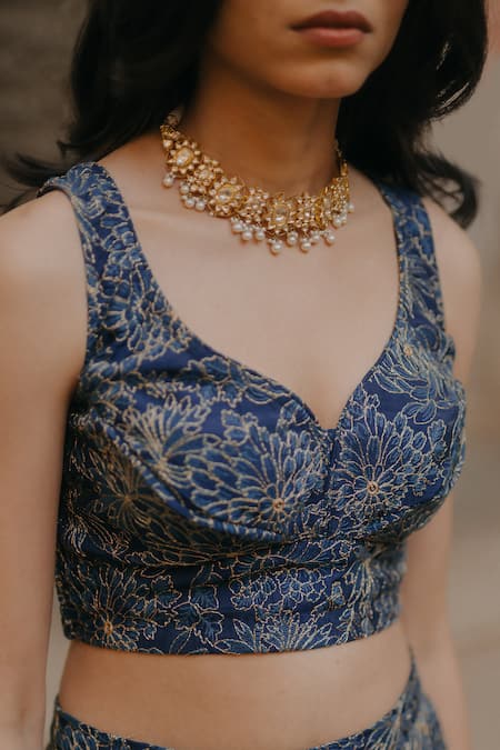 Buy_Baaro Masi_Blue Cotton, Organza, Silk Zari, Embroidery Bandeau Neck Floral Lehenga Set _Online_at_Aza_Fashions