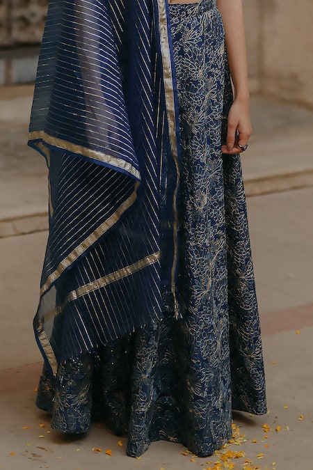 Shop_Baaro Masi_Blue Cotton, Organza, Silk Zari, Embroidery Bandeau Neck Floral Lehenga Set _Online_at_Aza_Fashions