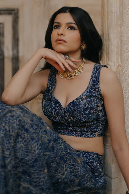 Baaro Masi_Blue Cotton, Organza, Silk Zari, Embroidery Bandeau Neck Floral Lehenga Set _at_Aza_Fashions