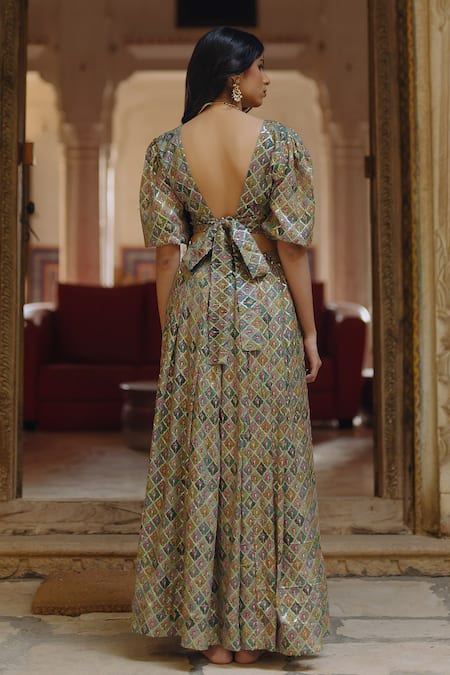 Baaro Masi Floral Checkered Print Pleated Lehenga Set 