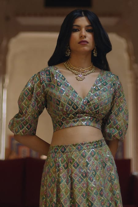 Baaro Masi_Green Cotton, Organza, Chiffon Floral Checkered Print Pleated Lehenga Set _Online_at_Aza_Fashions