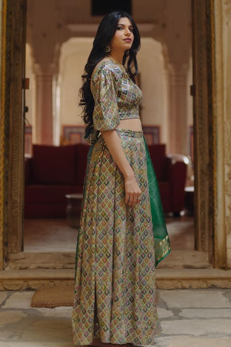 Buy_Baaro Masi_Green Cotton, Organza, Chiffon Floral Checkered Print Pleated Lehenga Set _Online_at_Aza_Fashions