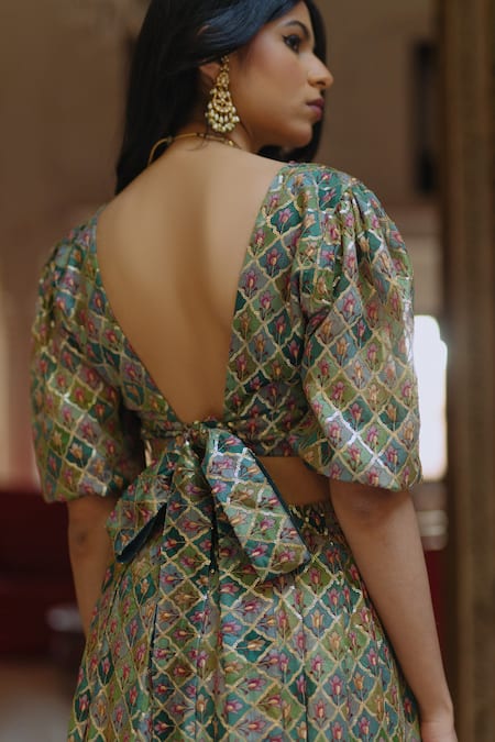 Shop_Baaro Masi_Green Cotton, Organza, Chiffon Floral Checkered Print Pleated Lehenga Set _Online_at_Aza_Fashions