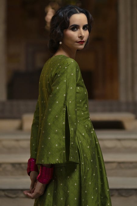 Baaro Masi_Green Cotton, Organza, Brocade Zari, Tassels Round Vintage Pattern Anarkali Set _Online_at_Aza_Fashions