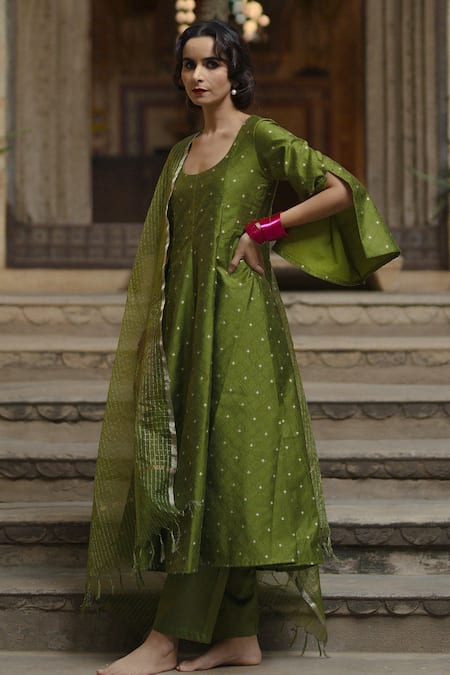 Shop_Baaro Masi_Green Cotton, Organza, Brocade Zari, Tassels Round Vintage Pattern Anarkali Set _Online_at_Aza_Fashions