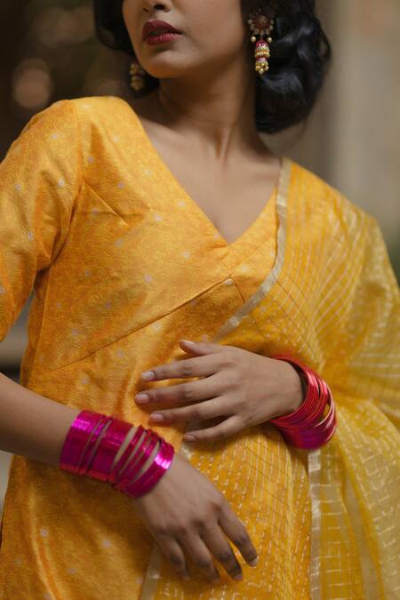 Shop_Baaro Masi_Yellow Brocade, Organza, Cotton Zari V-neck Floral Jaal Pattern Kurta Set _Online_at_Aza_Fashions