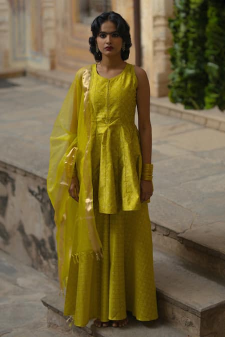 Baaro Masi_Green Brocade, Organza, Cotton Zari, Tassels Round Neck Peplum Kurta Sharara Set _Online_at_Aza_Fashions